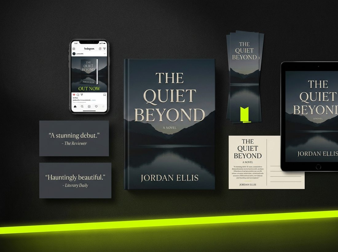 Flat-lay of book launch marketing materials: 3D book mockup, social announcement graphics, quote cards, bookmarks, and postcards