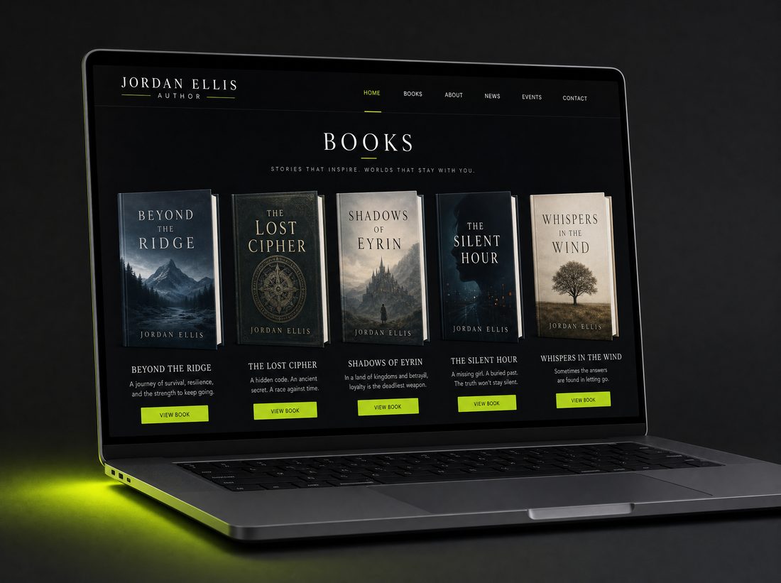 Example multi-book author website on a laptop: a shelf of five book covers, each with a View Book button