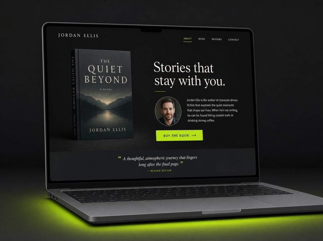 Example one-page author website on a laptop: book cover, author bio, and a bright Buy the Book button
