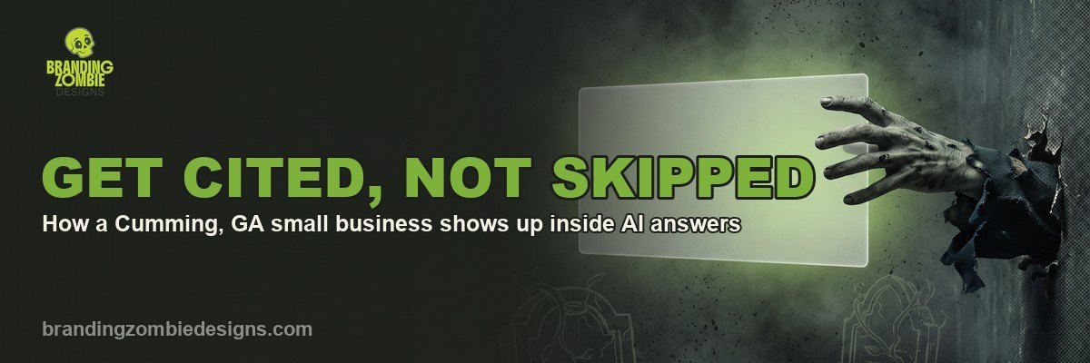 Zombie hand reaching for a glowing Google AI Overview answer box, illustrating how a small business gets cited in AI search results — Branding Zombie Designs, Cumming, GA