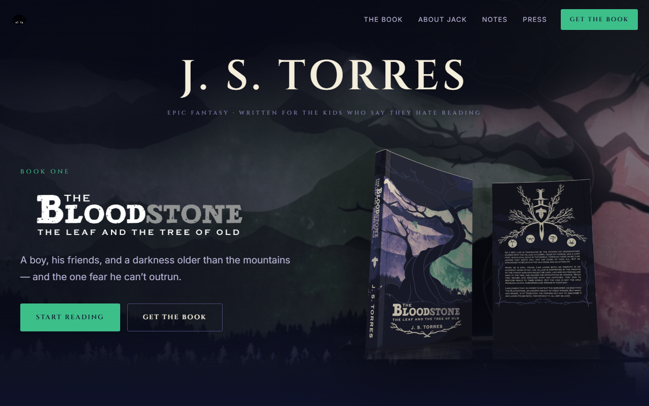 J. S. Torres author website homepage showing the cover of The Bloodstone: The Leaf and the Tree of Old